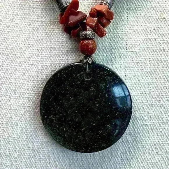 Mexico Leather Necklace with Sunstone and Glass Green Pendant - Picture 2 of 4